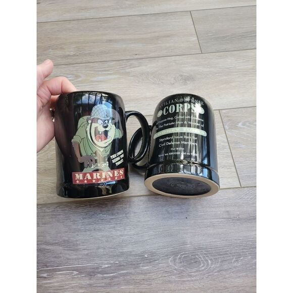 2 Looney Tunes Taz Devil Rare Collectible Marines Civilian Defense Corps Mug. Mi - Picture 4 of 10